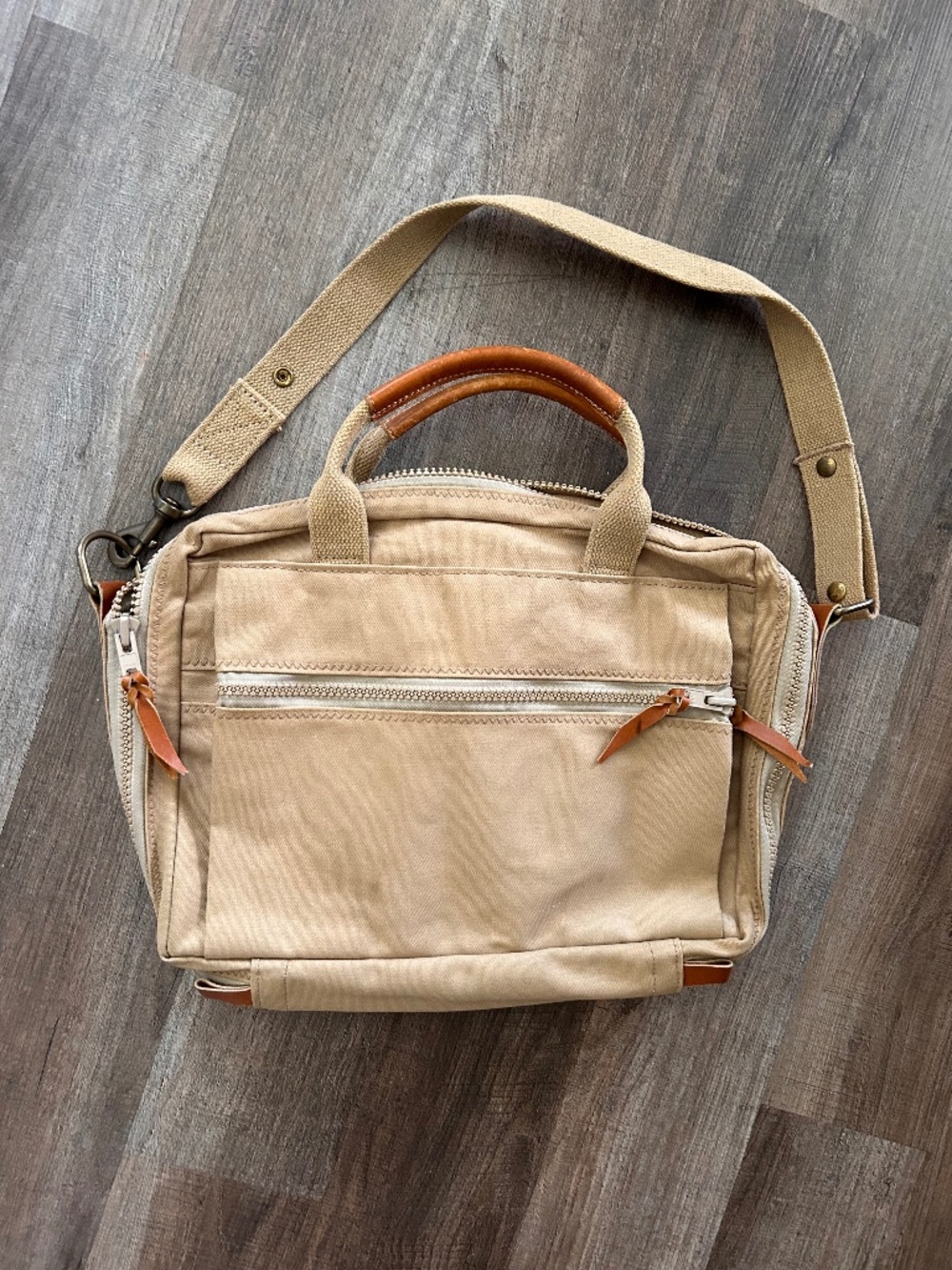 Rust Pond Workshop EUC tan heavy cotton canvas leather soft bag briefcase 17 in